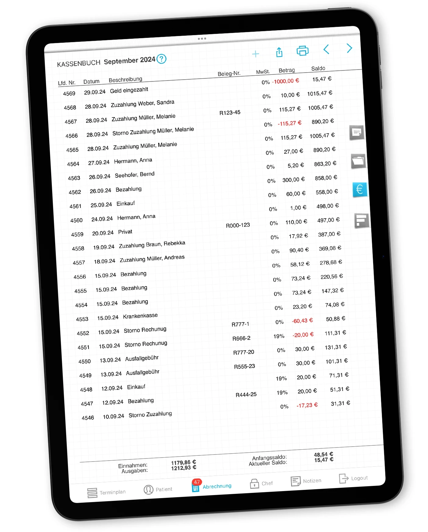 iPrax Praxisoftware Physiotherapie Kassenbuch